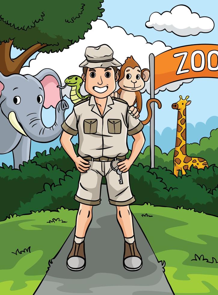 dierentuinmedewerker en dier gekleurde tekenfilm illustratie vector