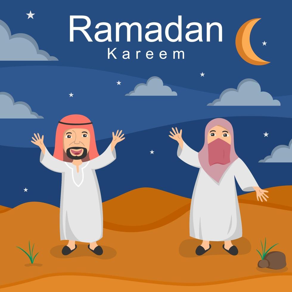 hand getrokken illustratie van het vieren van ramadhan en eid fitr in kinderachtige stijl. kleine jongens en meisjes gekleed in islamitische kleding staan voor de ontwerpsjabloon van de moskee cartoon vector