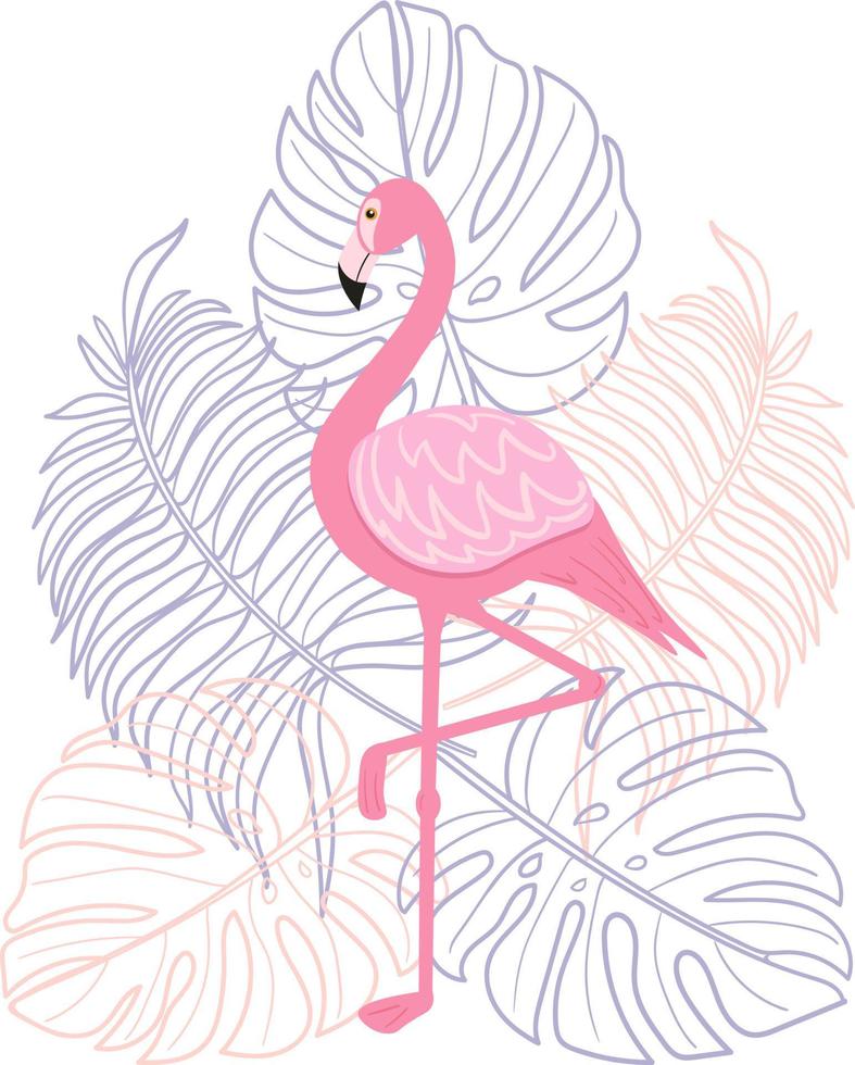 flamingo Aan een achtergrond van tropisch bladeren. vector beeld in een vlak stijl. zomer illustratie