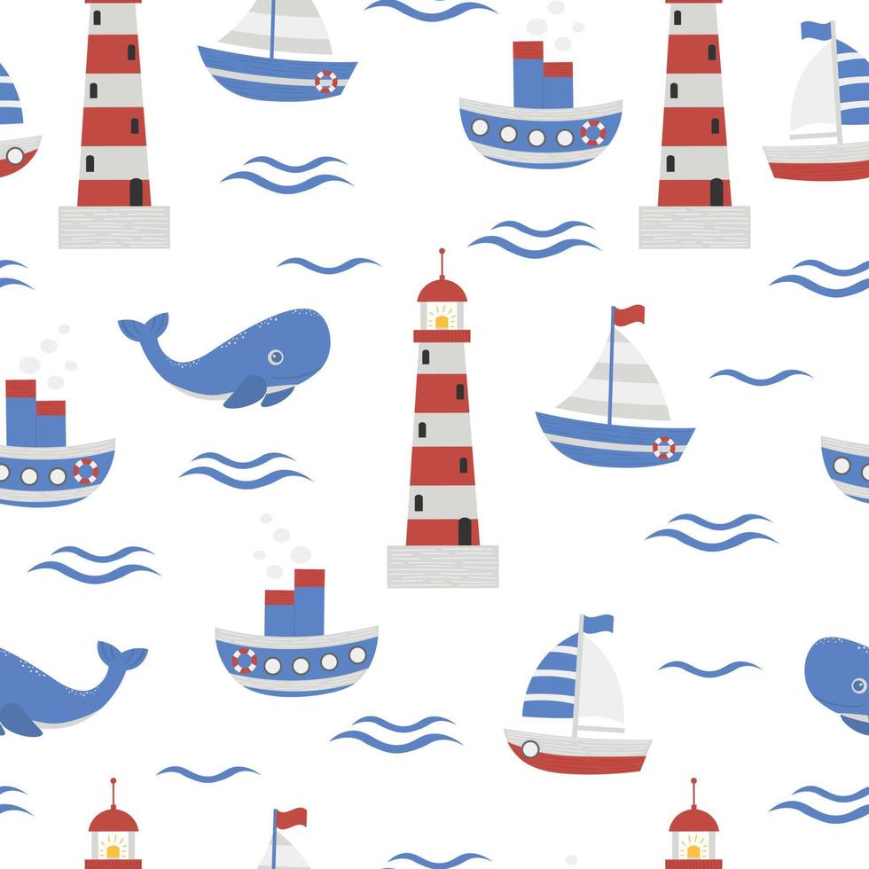 kinderen illustratie met een nautische thema. het zeilen schepen, stoomboot, vuurtoren, golven en walvis. naadloos patroon met schattig nautische elementen. voor kinderen textiel, achtergronden. vector afbeelding.