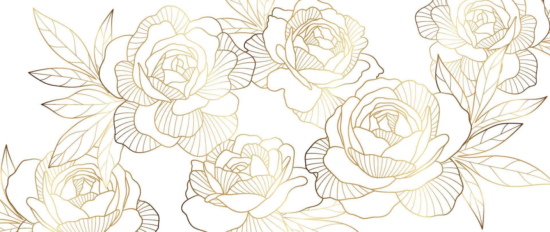 luxe gouden roos bloem lijn kunst achtergrond vector. natuurlijk botanisch elegant bloem met goud lijn kunst. ontwerp illustratie voor decoratie, muur decor, behang, omslag, banier, poster, kaart. vector