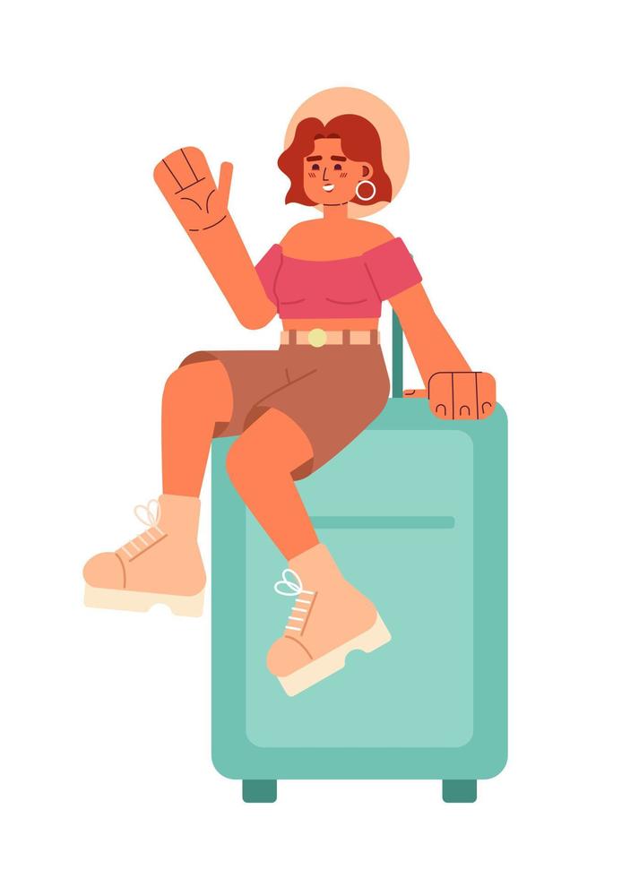 vrouw met koffer gaan Aan zomer vakantie semi vlak kleurrijk vector karakter. dragen Aan bagage. bewerkbare vol lichaam persoon. gemakkelijk tekenfilm plek illustratie voor web grafisch ontwerp en animatie