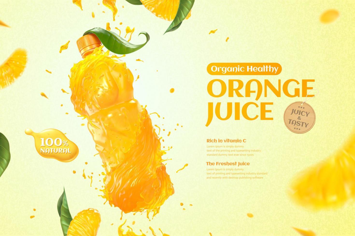 oranje fles sap advertenties met spatten vloeistof en vers pulp in 3d illustratie vector