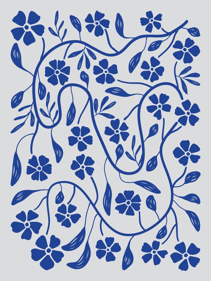 matisse kunst achtergrond vector. abstract natuurlijk hand- getrokken patroon ontwerp met blauw bloem en bladeren Afdeling. gemakkelijk hedendaags stijl geïllustreerd ontwerp voor kleding stof, afdrukken, omslag, banier, behang. vector