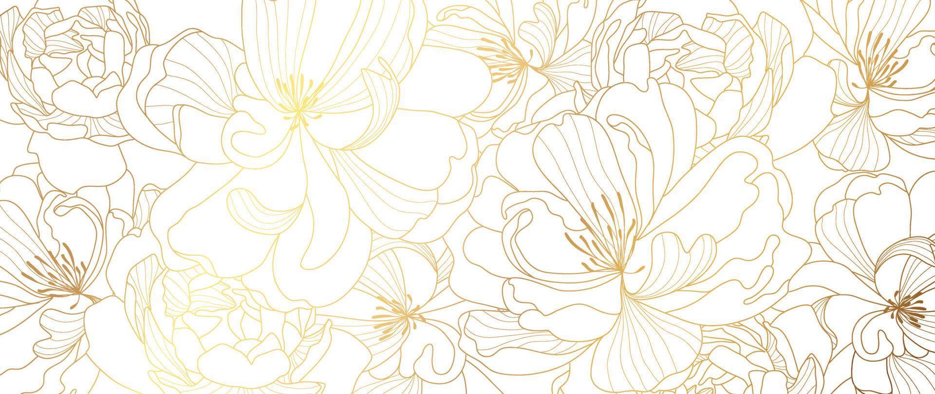 luxe goud wilde bloemen lijn kunst achtergrond vector. natuurlijk botanisch elegant bloem met goud lijn kunst. ontwerp illustratie voor decoratie, muur decor, behang, omslag, banier, poster, kaart. vector