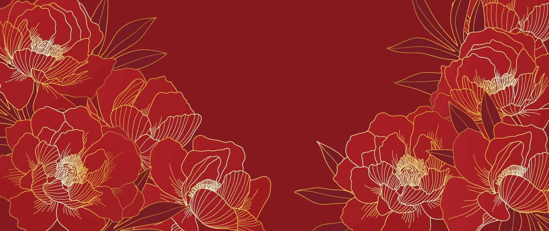 luxe oosters bloem achtergrond vector. elegant pioen bloemen en bladeren gouden lijn kunst Aan rood achtergrond. bloemen patroon ontwerp illustratie voor decoratie, behang, poster, banier, kaart. vector