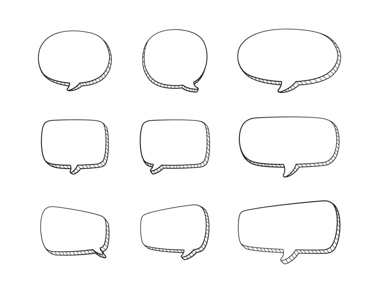verzameling reeks van hand- getrokken 3d blanco toespraak bubbel ballon, denken, spreken, praten, tekst doos banier, zwart en wit kleur, vlak ontwerp vector illustratie