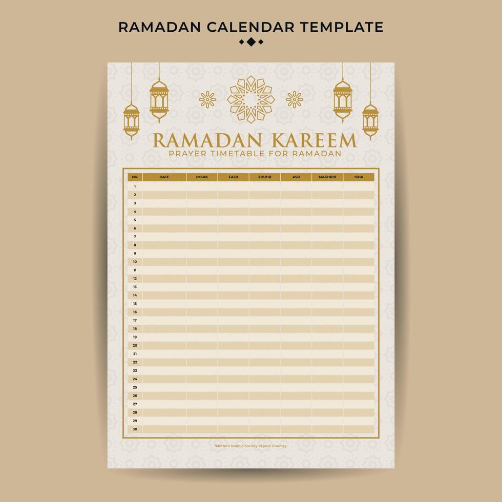 Ramadan kalender met iftar tijd schema tafel vector