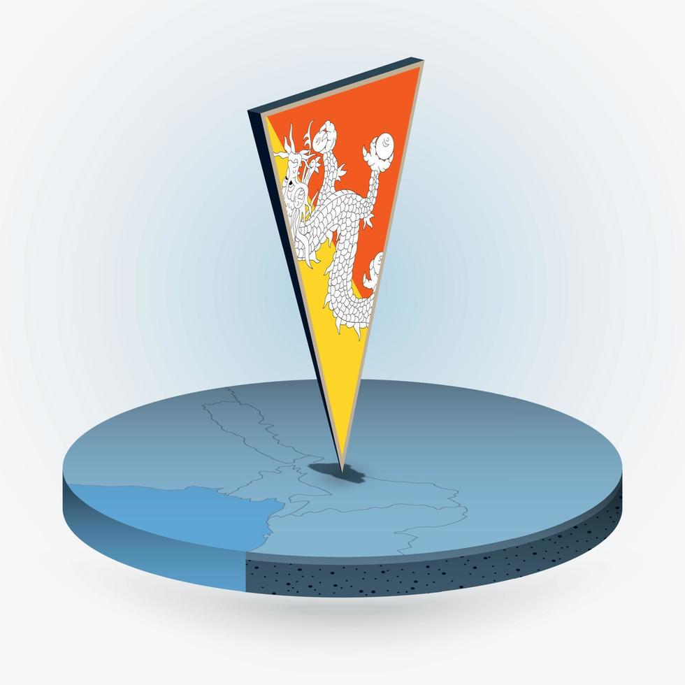 Bhutan kaart in ronde isometrische stijl met driehoekig 3d vlag van Bhutan vector