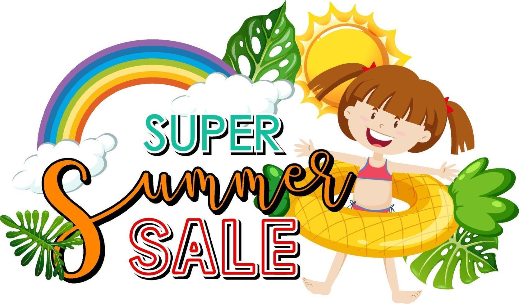 super zomer verkoop banner met een meisje en zomerelementen vector