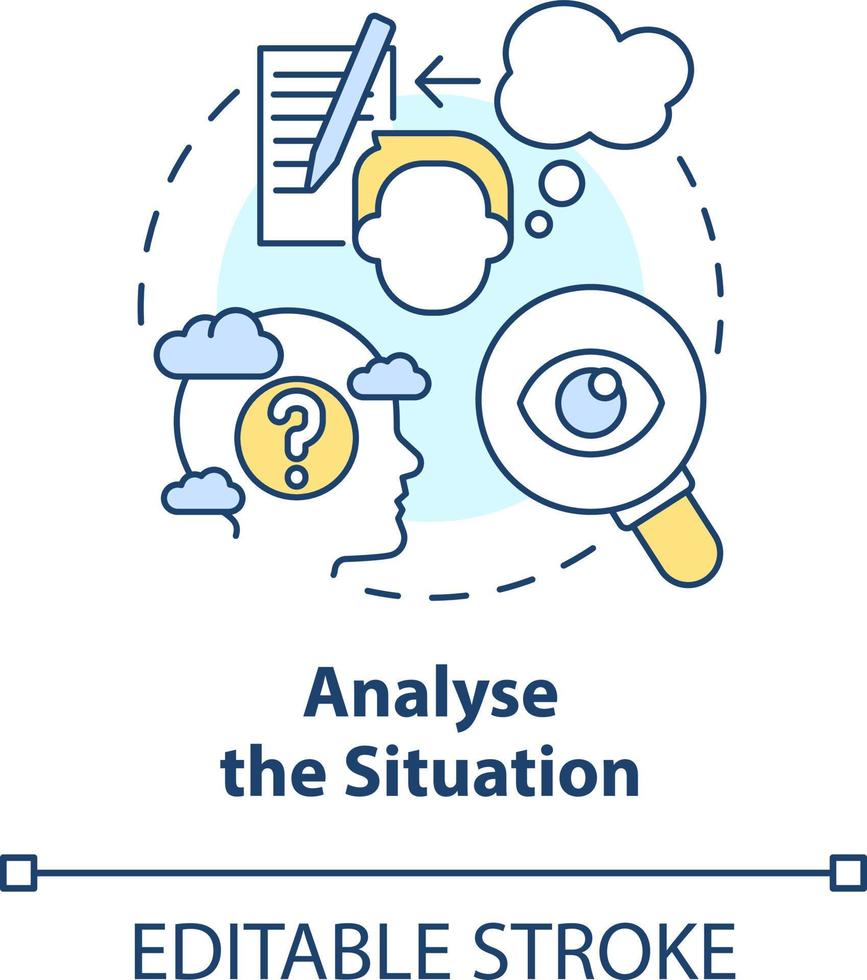 analyseren situatie concept icoon. evalueren details. strategie voor emotioneel regulatie abstract idee dun lijn illustratie. geïsoleerd schets tekening. bewerkbare beroerte vector