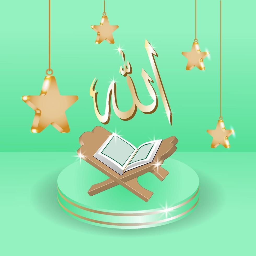 ramadan kareem vakantie achtergrond. vier ramadan heilige maand in de islam. realistisch ontwerp met 3D-objecten, podium, heilig boek, kalligrafie allah en ster. vector