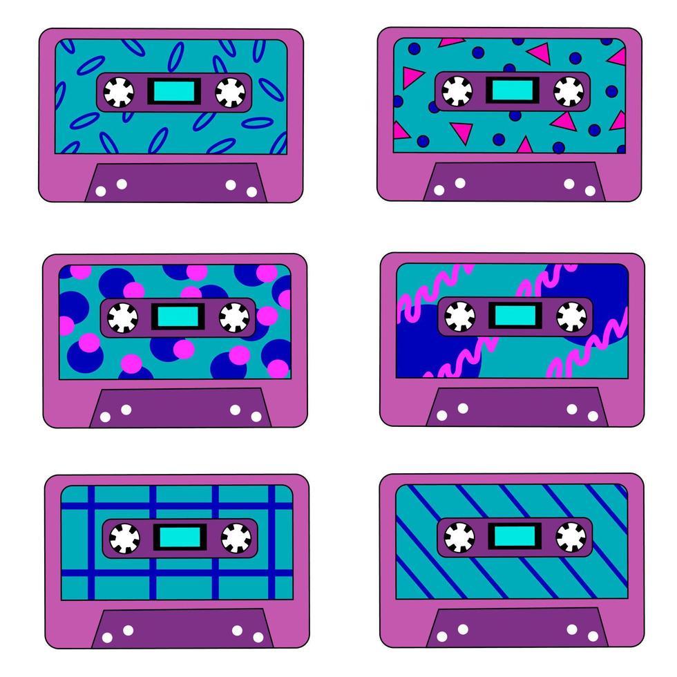 verzameling van retro wijnoogst audio muziek- cassettes met magnetisch plakband. vector illustratie cassettes met verschillend abstract ontwerp in jaren 90, jaren 80, jaren 70 stijl.