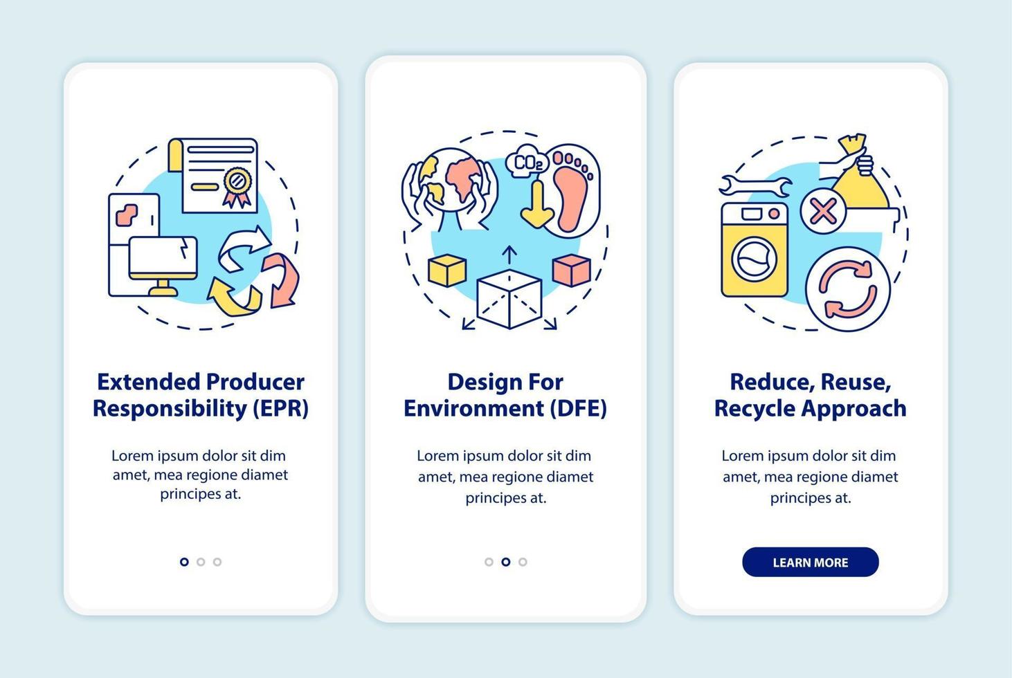 Initiatieven ter vermindering van e-waste onboarding van het paginascherm van mobiele apps met concepten vector