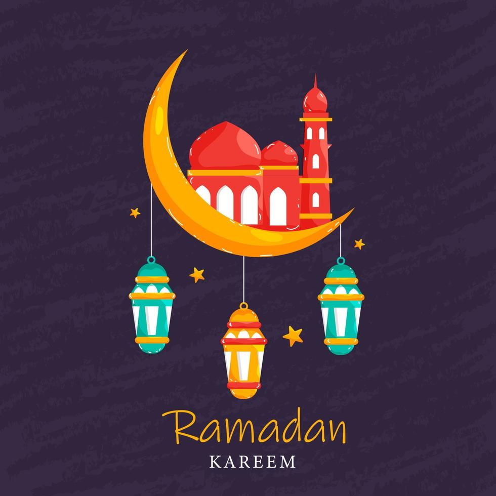 Islamitisch heilig maand van Ramadan concept met hangende verhelderend lantaarns, moskee Aan halve maan maan, en sterren Aan Purper achtergrond. vector