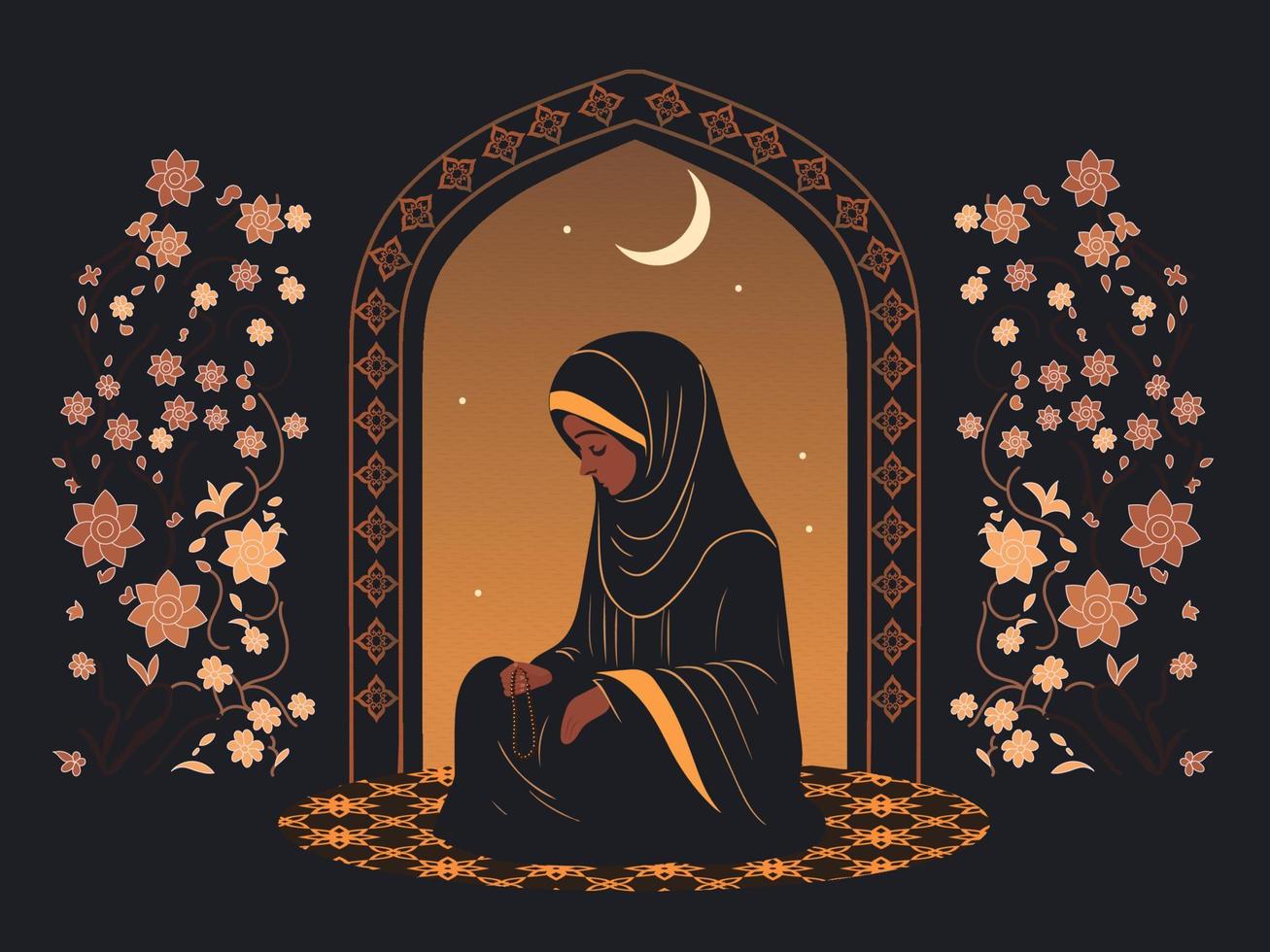 moslim jong vrouw karakter bidden met tasbih in nacht Aan bloemen achtergrond. Islamitisch religieus concept. vector