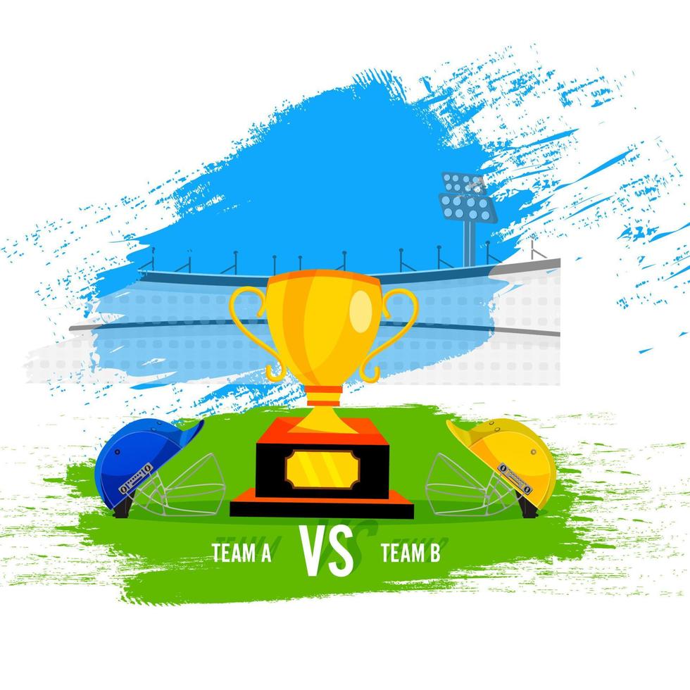 krekel kleding helmen van deelnemers teams met trofee kop Aan blauw en groen borstel beroerte stadion visie achtergrond. vector