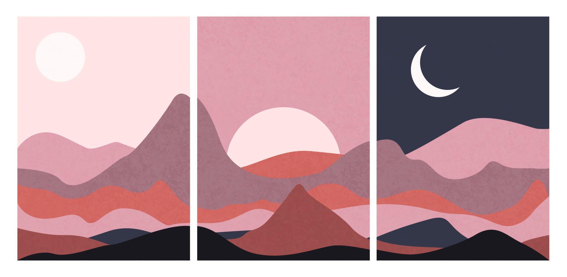 modern abstract minimalistische landschap affiches. woestijn, zon en maan. bergen. pastel kleuren, aarde tonen. boho midden in de eeuw afdrukken. vlak ontwerp vector