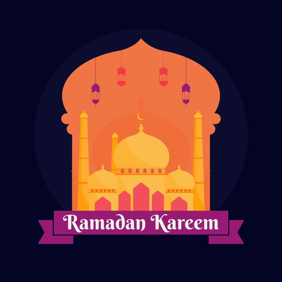Islamitisch heilig maand van Ramadan kareem concept met hangende kleurrijk lantaarns, en moskee Aan blauw achtergrond. vector