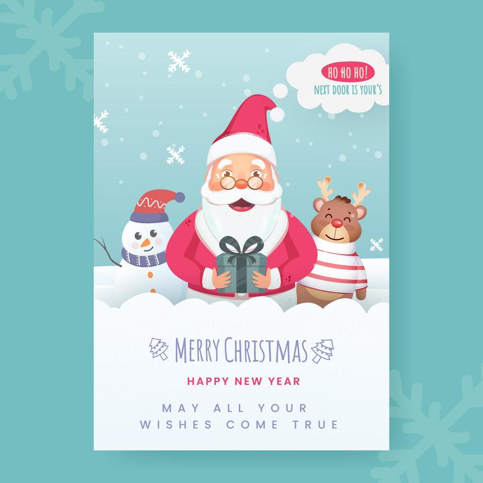 vrolijk Kerstmis gelukkig nieuw jaar groet kaart met tekenfilm de kerstman claus Holding geschenk doos, sneeuwman en rendier. vector