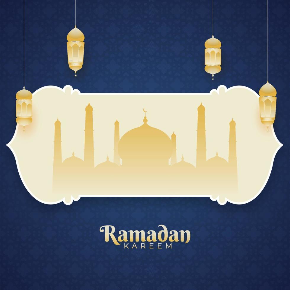 Islamitisch heilig maand van Ramadan kareem concept met hangende lantaarns, en moskee Aan blauw achtergrond. vector