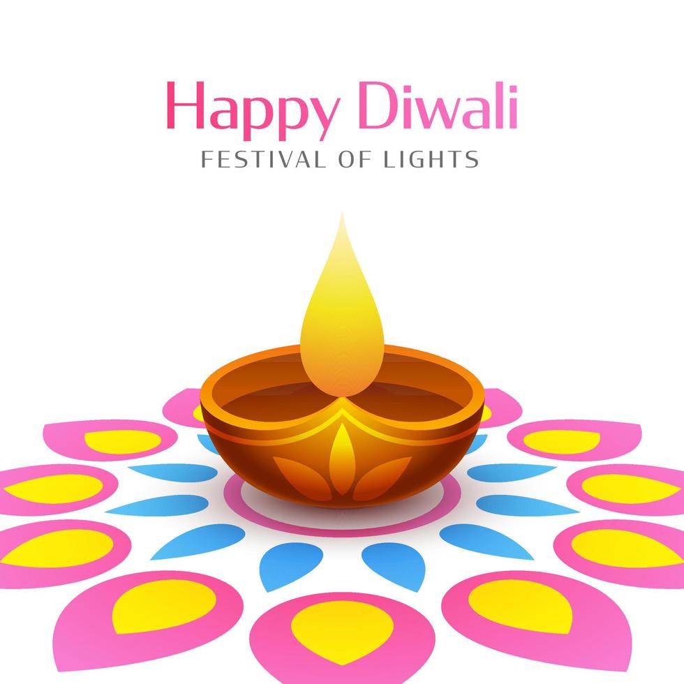 gelukkig diwali viering poster ontwerp met lit olie lamp Aan rangoli wit achtergrond. vector