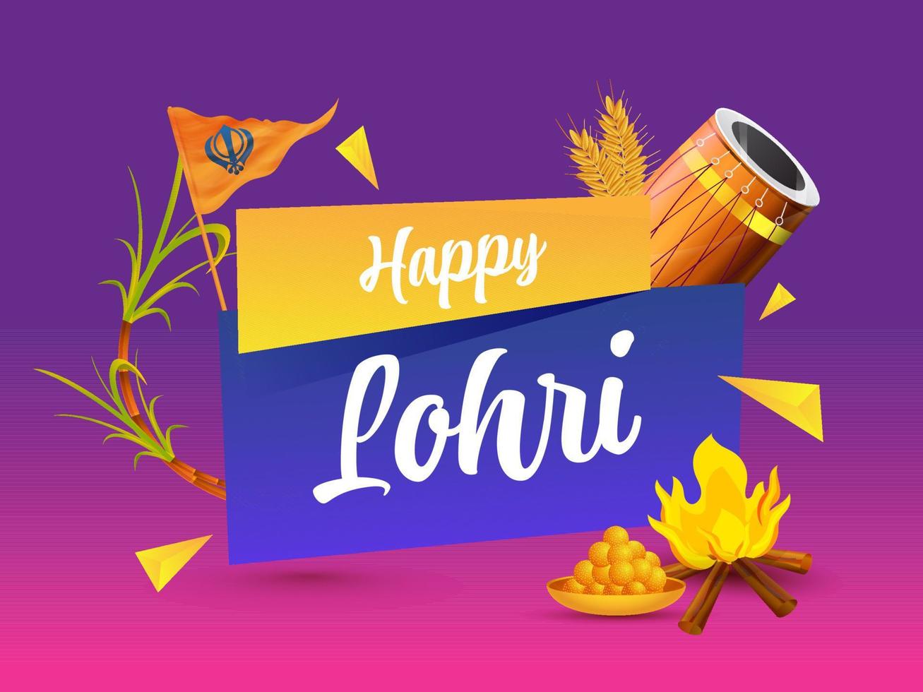 gelukkig lohri viering concept met Sikh vlag, vreugdevuur, zoet, tarwe oor, suikerstok, dhol instrument Aan Purper en roze achtergrond. vector