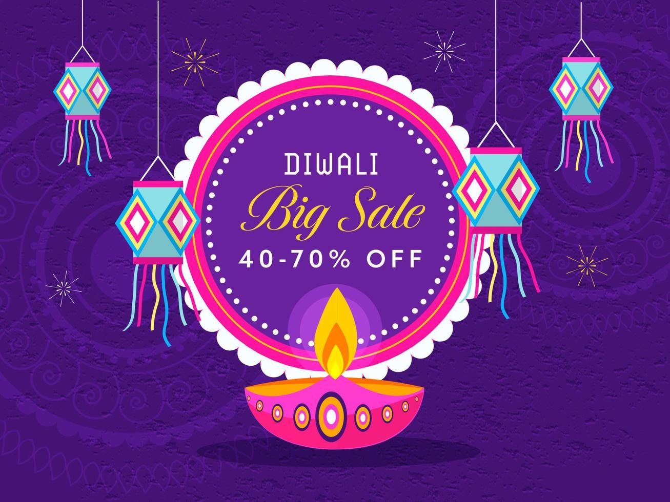 diwali groot uitverkoop poster ontwerp met korting bieden, hangende lantaarns en lit olie lamp Aan Purper grunge mandala patroon achtergrond. vector