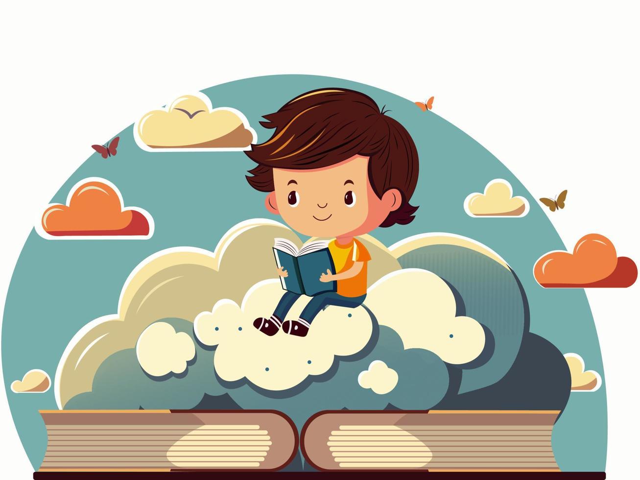 schattig jongen karakter lezing boek Aan wolken achtergrond met vlinders. vector