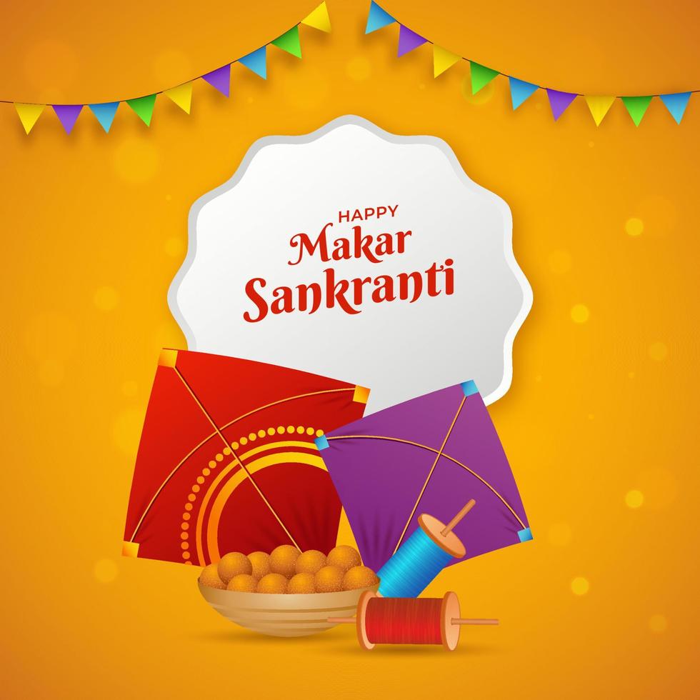 gelukkig makar sankranti tekst in wit kader met vliegers, draad spoelen, Indisch zoet kom en vlaggedoek vlag Aan oranje achtergrond. vector