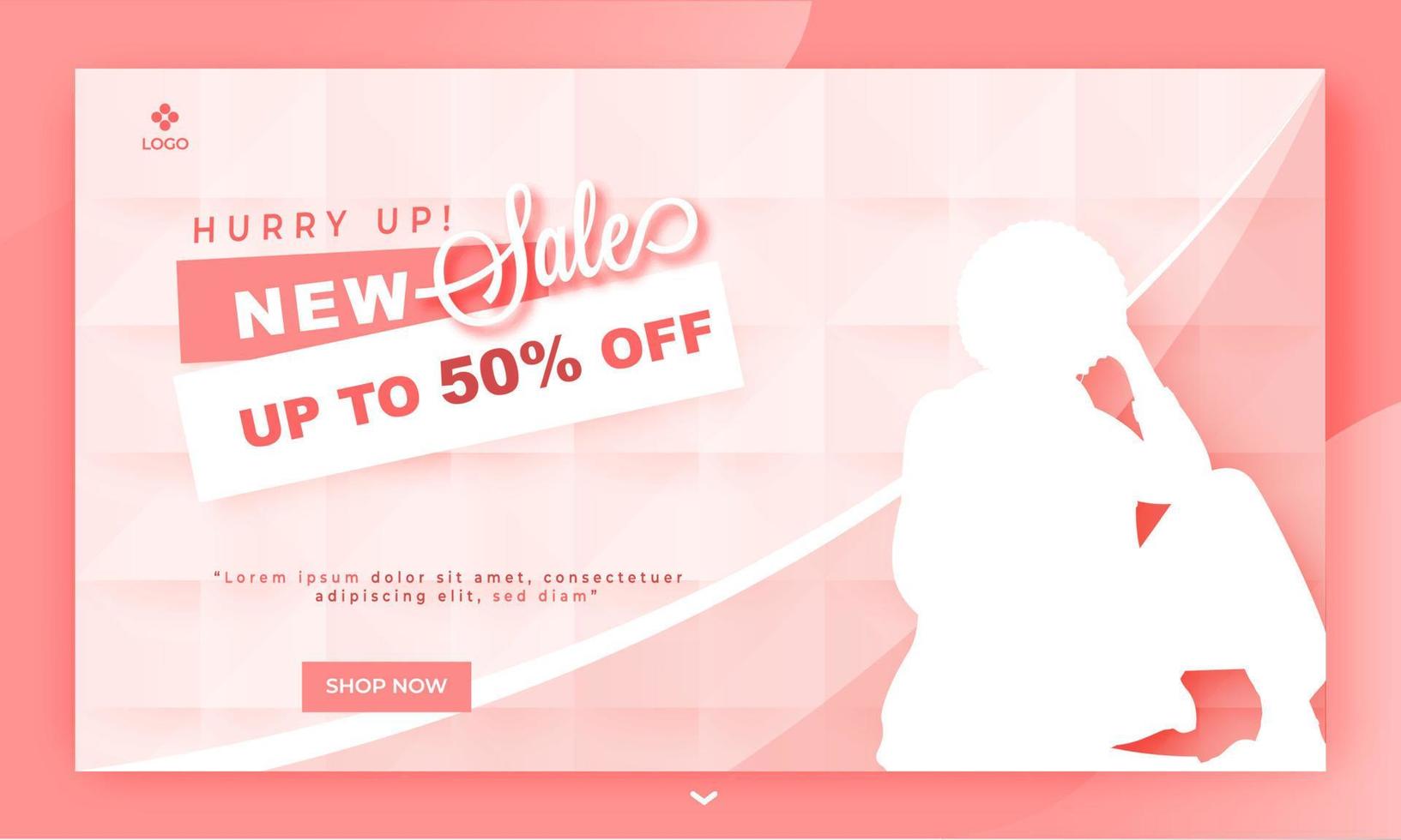 reclame web banier ontwerp met silhouet vrouw en korting aanbod Aan roze plein patroon achtergrond voor nieuw uitverkoop. vector