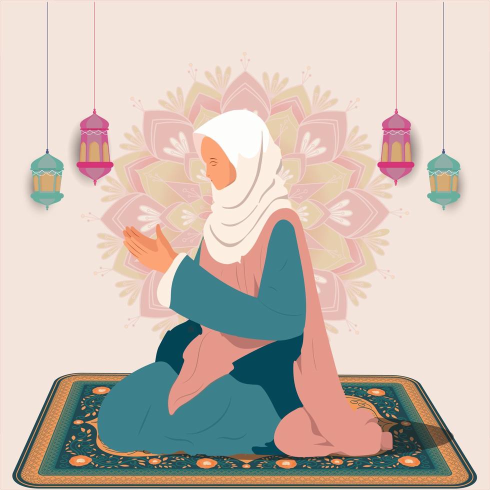 moslim vrouw karakter aanbieden namaz Aan mat en hangende Arabisch lampen versierd mandala roze achtergrond. vector