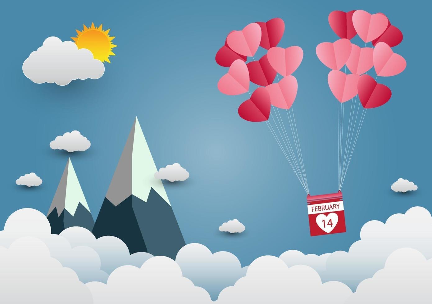 Valentijnsdag ballon hartvormig zwevend in de lucht en prachtige bergen wolk. papier kunst. vector illustratie