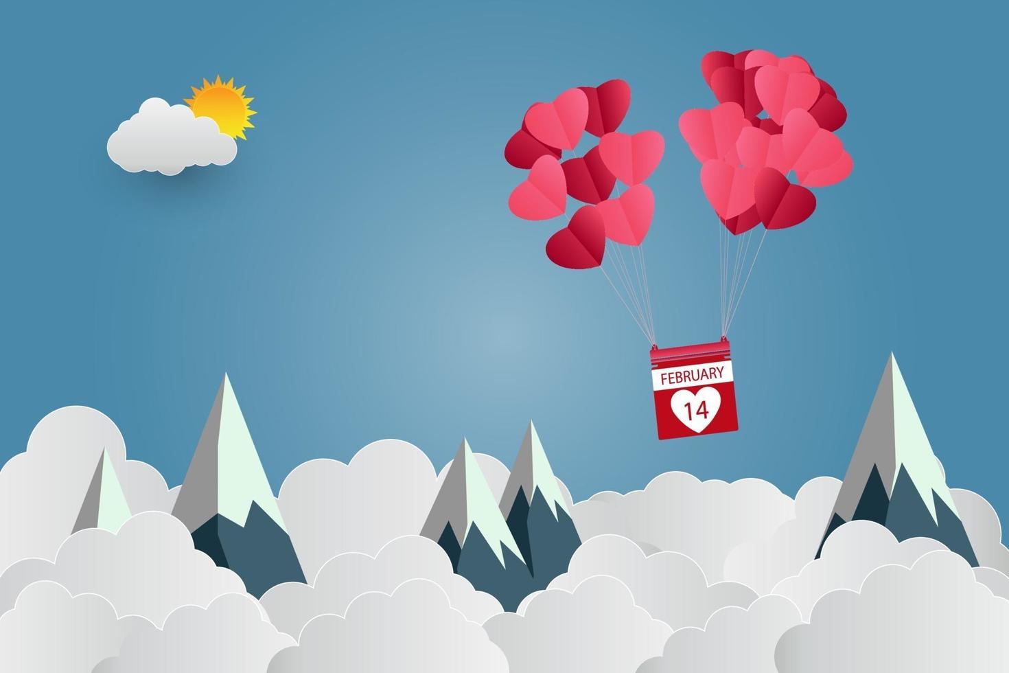 Valentijnsdag ballon hartvormig zwevend in de lucht en prachtige bergen wolk. papier kunst. vector illustratie