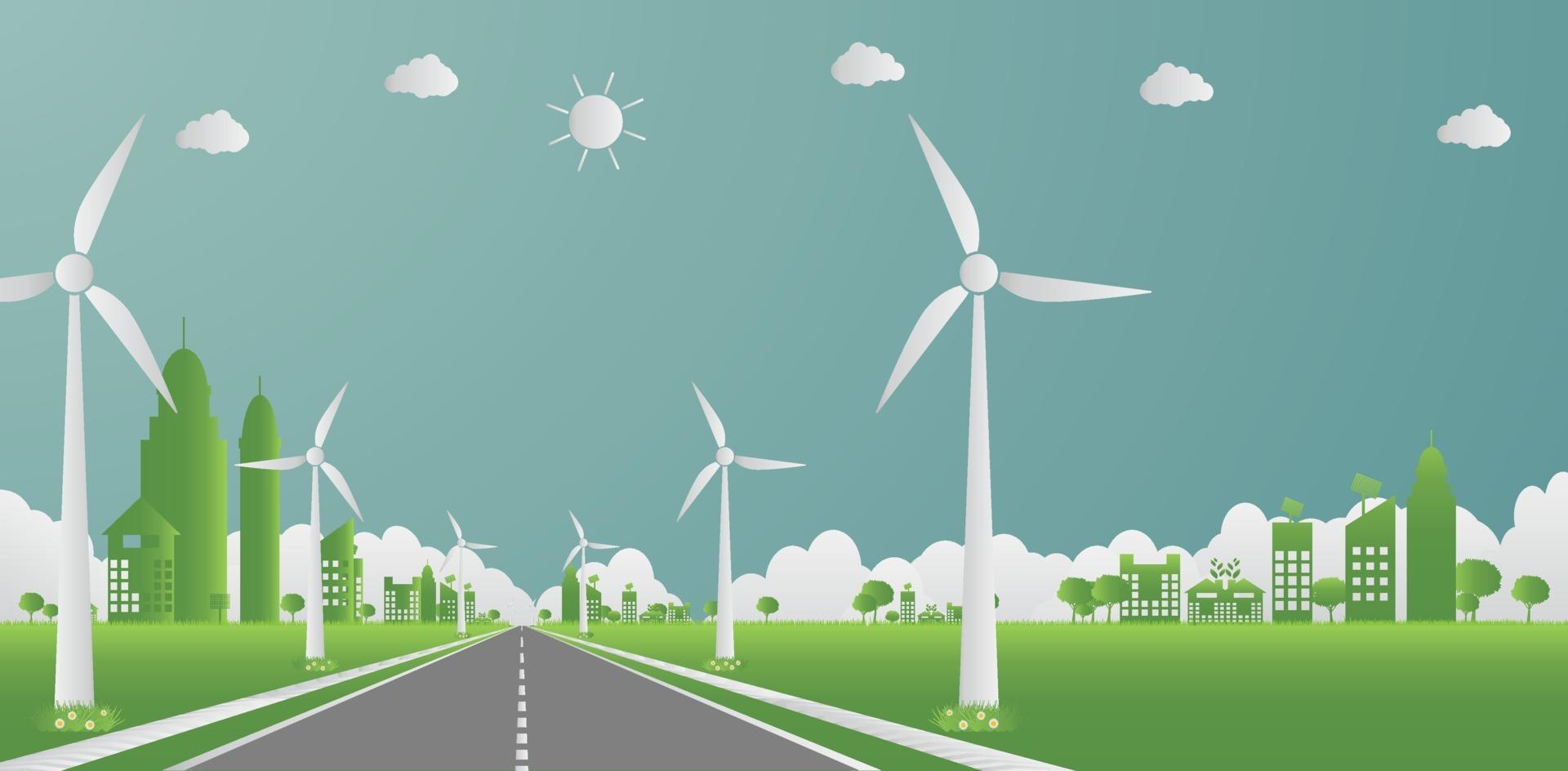 fabriek ecologie, industrie icoon, windturbines met bomen en zon schone energie met weg milieuvriendelijke concept ideas.vector illustratie vector