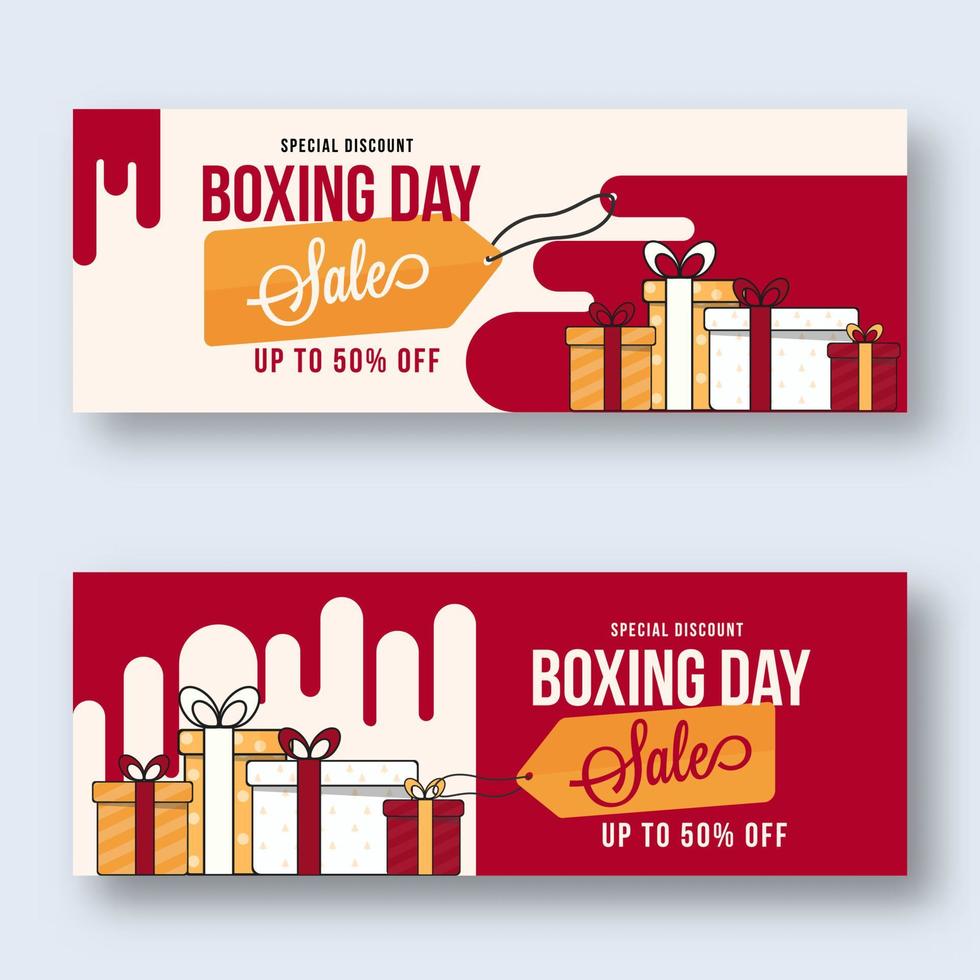 boksen dag uitverkoop hoofd of banier ontwerp met geschenk dozen in twee opties. vector