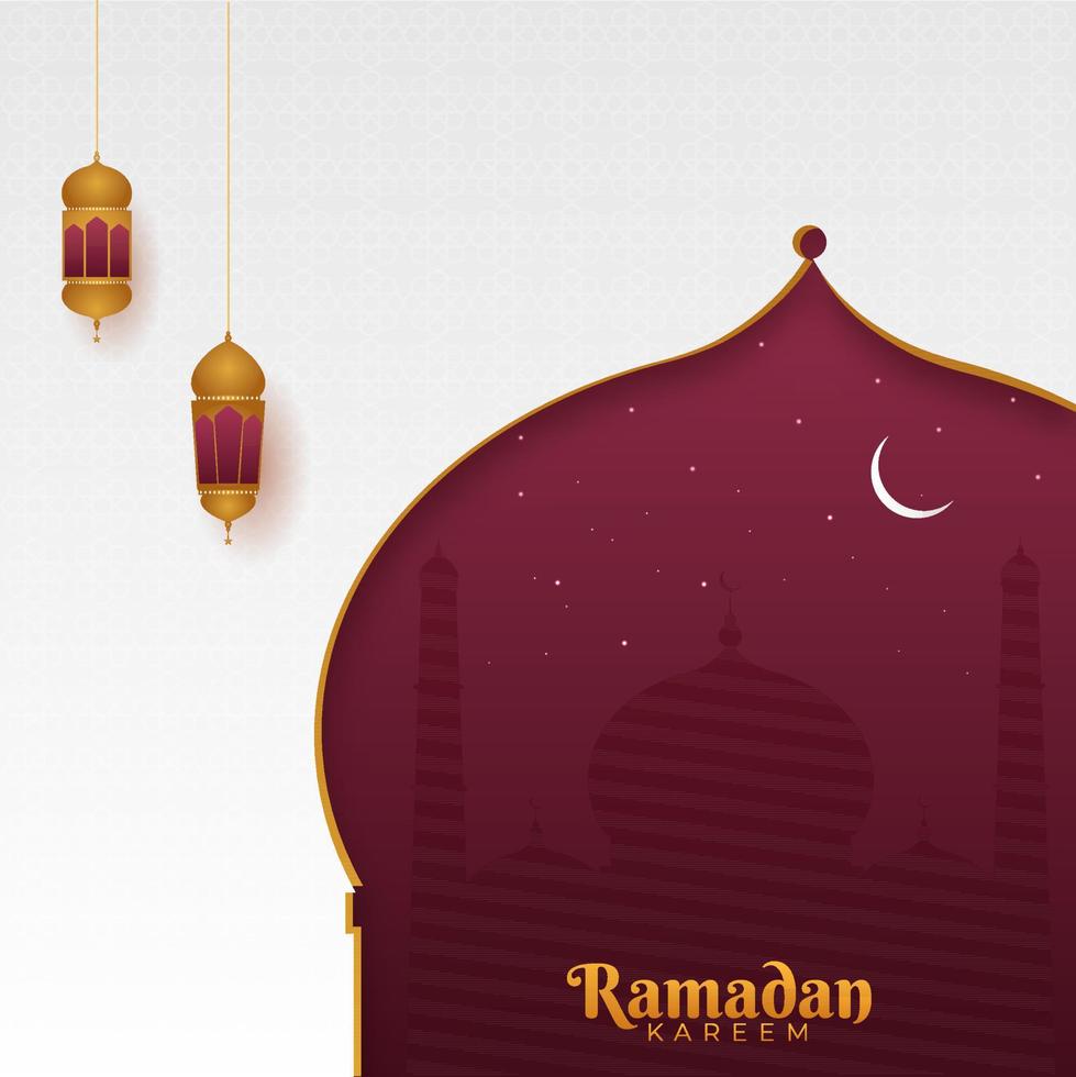 Islamitisch heilig maand van Ramadan kareem concept met hangende lantaarns, moskee silhouet en halve maan maan. vector