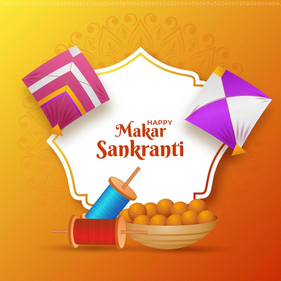 gelukkig makar sankranti tekst met Indisch zoet schaal, vliegers en draad spoelen Aan helling oranje achtergrond. vector