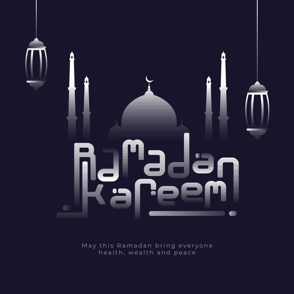 Islamitisch heilig maand van Ramadan kareem concept met gloeiend moskee, en hangende lantaarns Aan donker Purper achtergrond. vector