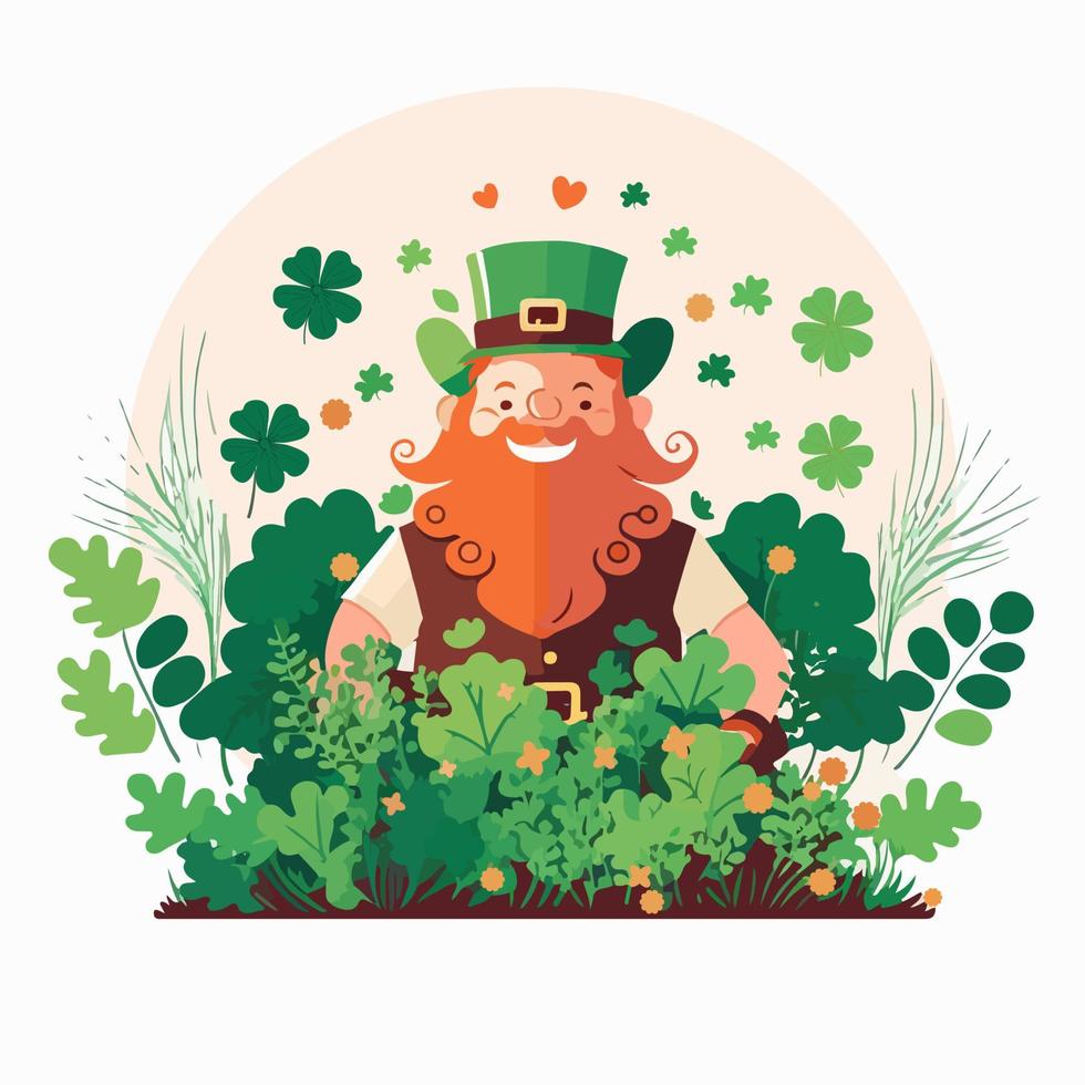 vrolijk elf van Ierse folklore Mens karakter Aan Klaver landschap voor st Patrick dag concept. vector