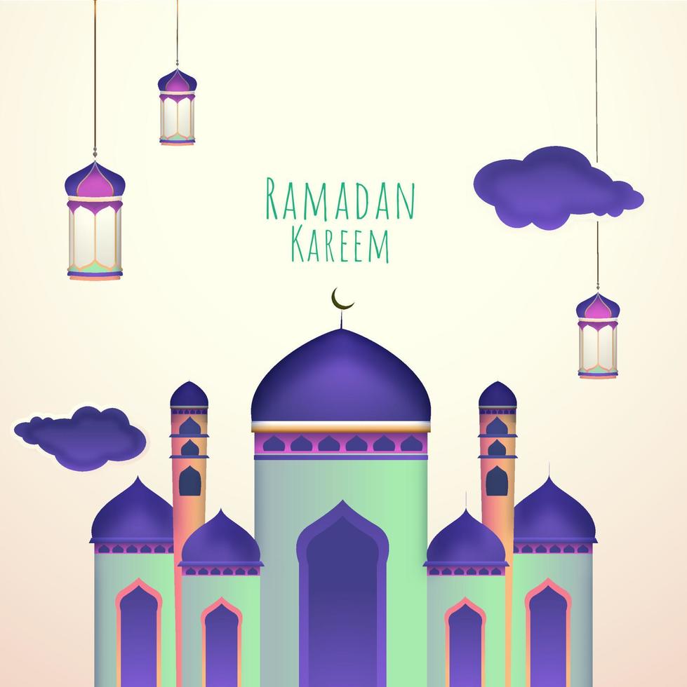 mooi moskee, hangende lantaarns en wolken, heilig maand van Ramadan kareem concept. vector