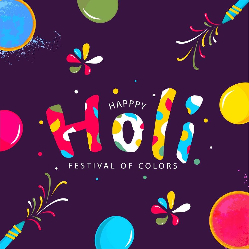 creatief elegant gelukkig holi tekst met top visie kleur kommen, ballonnen en water geweer Aan Purper achtergrond voor festival van kleuren viering. vector