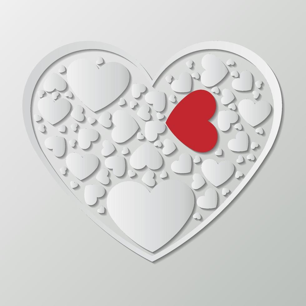 mooi wit papier gesneden het hart met wit frame. er zijn veel kleine rode harten omgeven in een hartvormig frame. vector illustratie