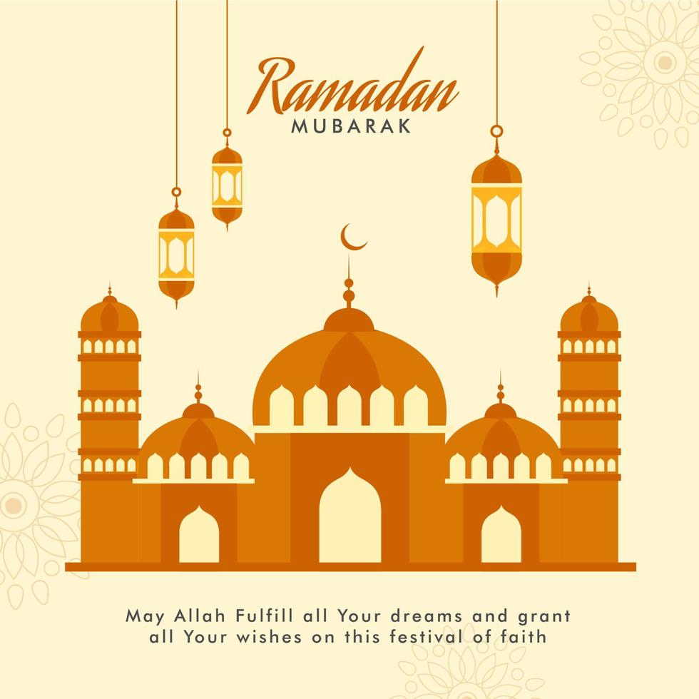 Islamitisch heilig maand van ramdan mubarak illustratie met voortreffelijk moskee, Arabisch lantaarns Aan beige achtergrond. vector