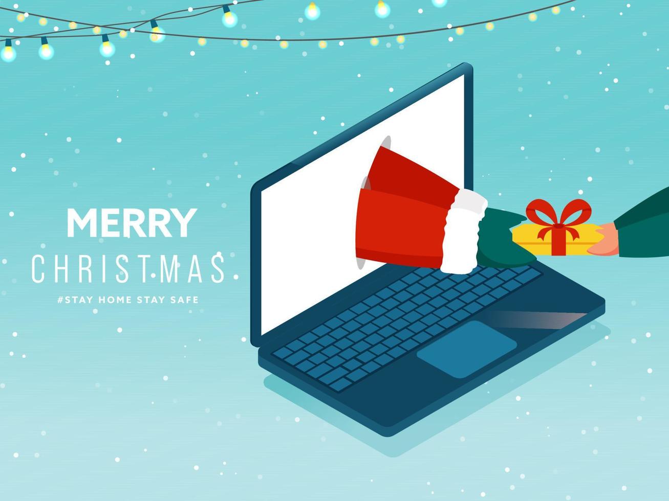 de kerstman geven geschenk online naar persoon door laptop en verlichting slinger Aan sneeuwval blauw achtergrond voor vrolijk kerstmis, blijven huis blijven veilig. vector