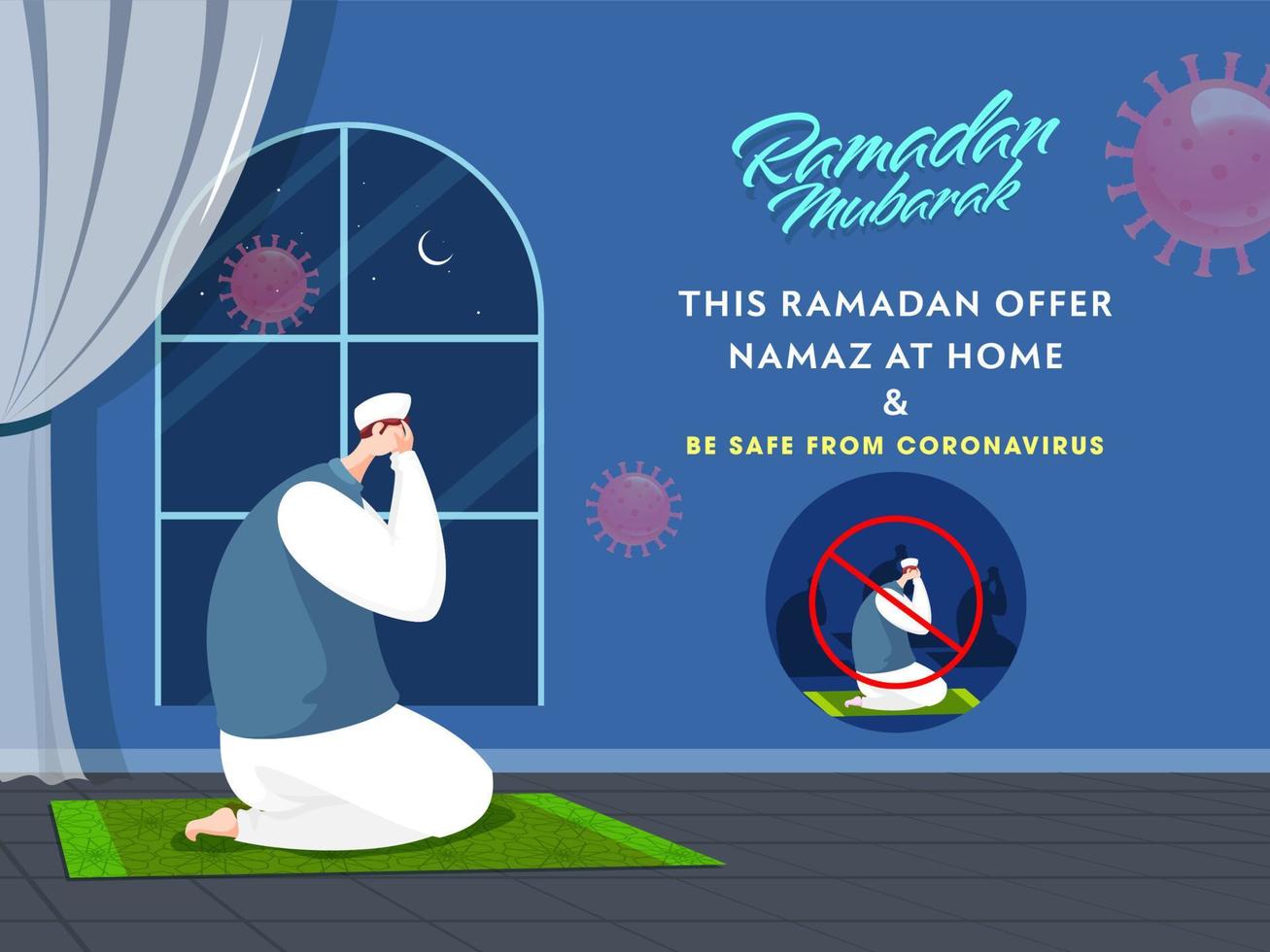 moslim Mens bidden in huis Aan Ramadan mubarak aanbod namaz Bij huis worden veilig van coronavirus. vector