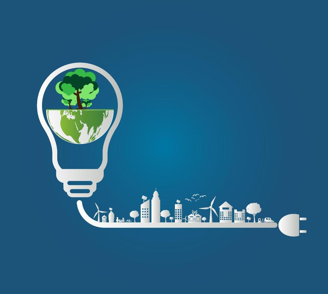 ecologie concept, de wereld is in de energiebesparende gloeilamp groen, vector illustratie