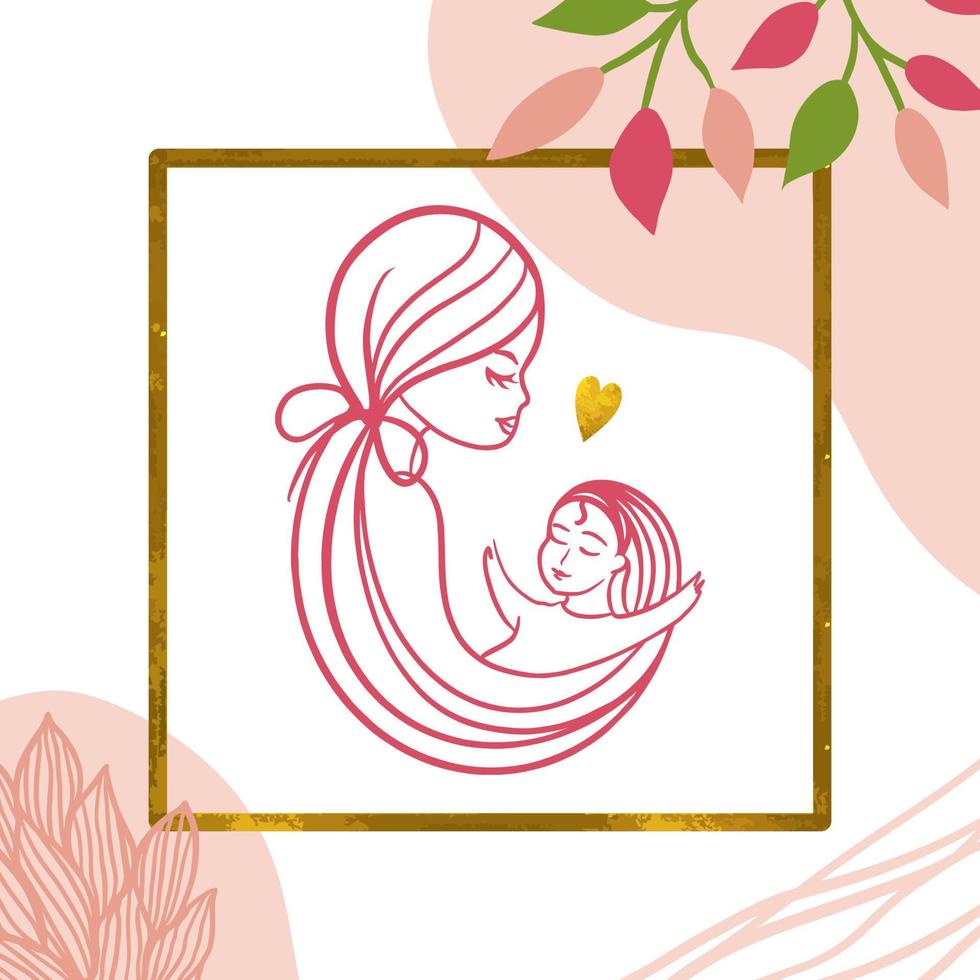 vector illustratie van een moeder Holding haar baby dochter in haar armen Aan een versierd achtergrond. gelukkig moeder dag groet kaart.