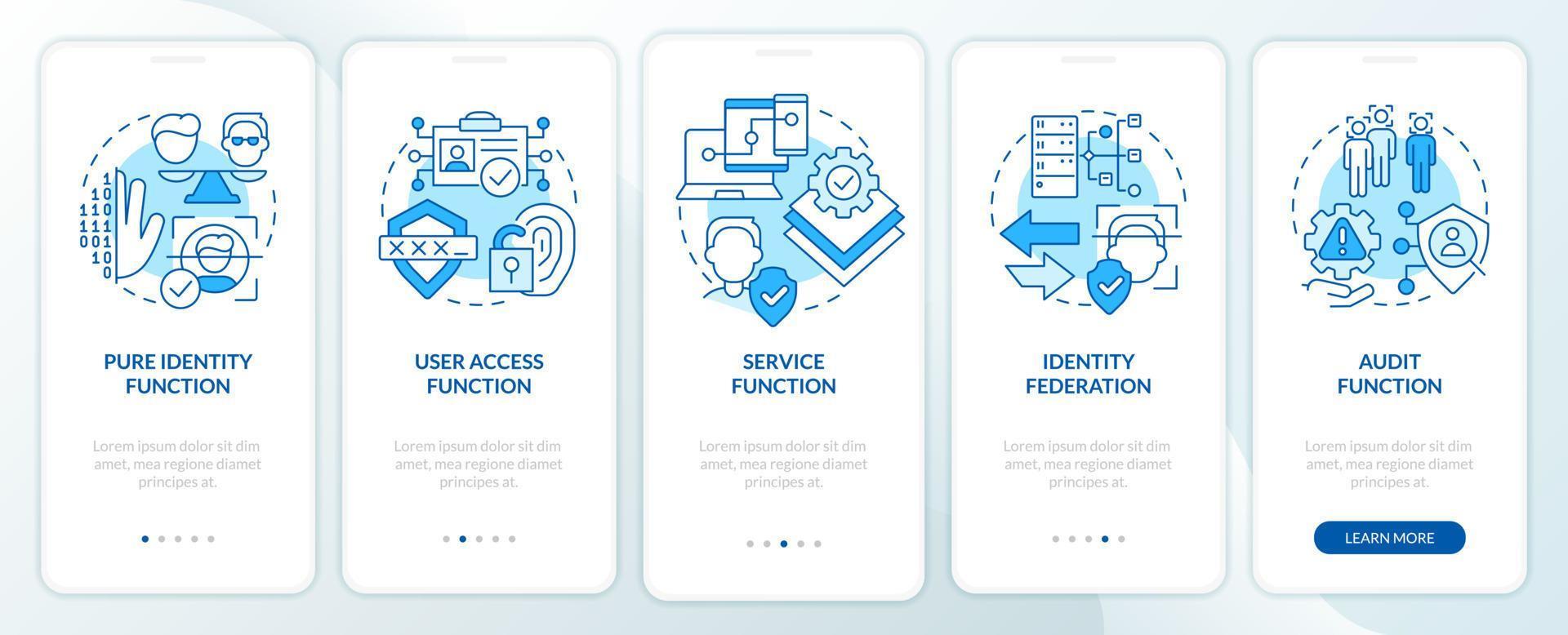 functies blauw onboarding mobiel app scherm. online identificatie walkthrough 5 stappen bewerkbare grafisch instructies met lineair concepten. ui, ux, gui sjabloon vector