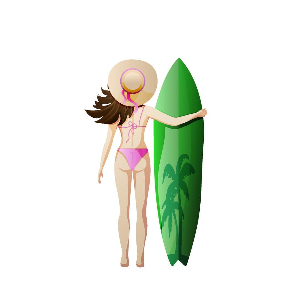 meisje in zwempak en hoed met surfboard Aan wit achtergrond. mooi meisje Aan een strand. vector illustratie.